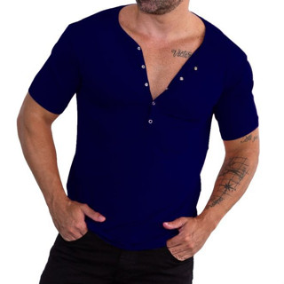 Camisa Henley Viscose Camiseta Slim Botão Manga Curta