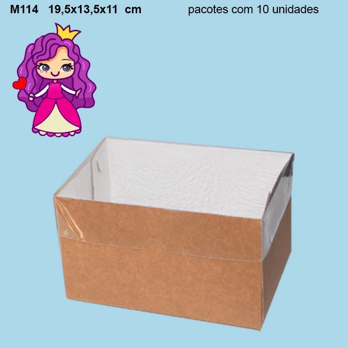 Embalagem M114 com Tampa em PVC Crystal virgem e Fundo em papel Prata e Kraft - 19,5x13,5x11 cm - Pacote com 10 unidades