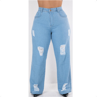 Calça Wide Leg Plus Size Jeans Feminina Levanta Bumbum cintura alta