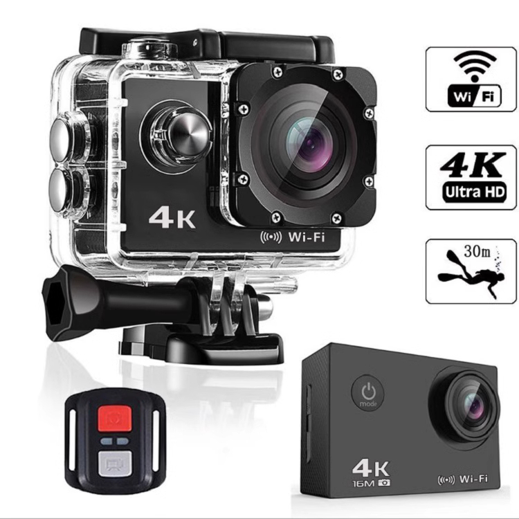Câmera de ação 4K com capa à prova d'água e suporte para capacete