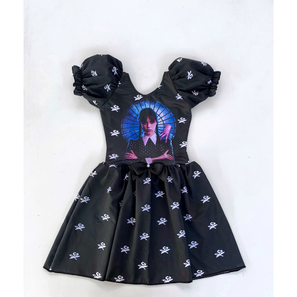 VESTIDO WANDINHA ADDAMS  INFANTIL TEMÁTICO PERSONAGEM TERROR FESTA MÃOZINHA TERROR HALLOWEEN