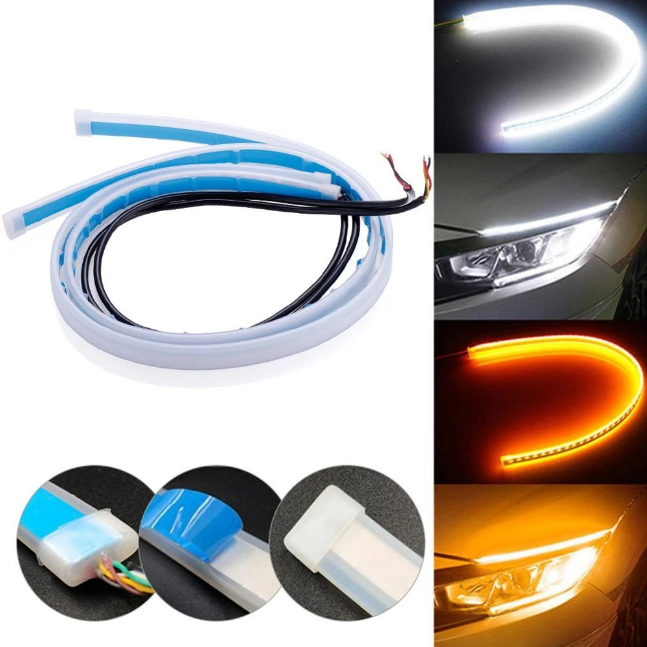 1 Par Fita DRL 60cm Led 12v lanterna farol universal Efeito Start Preenchimento + Seta Sequencial Barra Flexível
