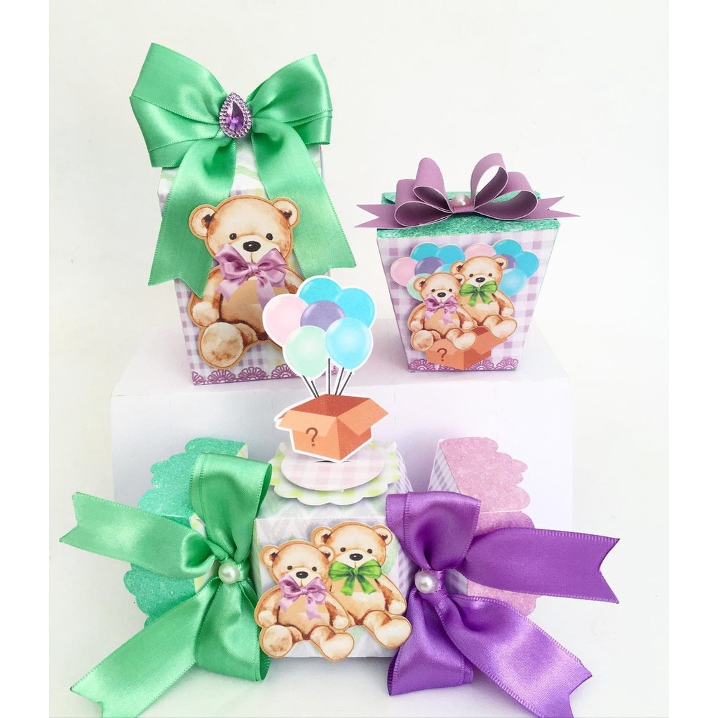 Caixinhas personalizadas, milk, cone e sushi, lembrancinhas, decoração Kit de festa aniversário Chá revelação ursinho verde e lilás