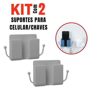 Kit 2 Suportes Organizador Parede Adesivo Multiuso Com 2 Ganchos Chaves Para Celular Controle Remoto