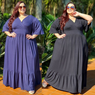 Vestido Feminino Longo Plus Size Transpassado Acinturado Manga Curta Saia Três Maria Uma Camada