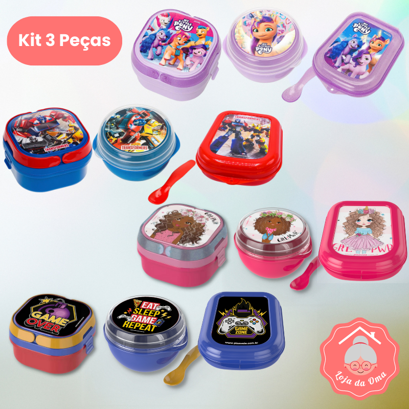 Kit lancheira Infantil - Marmitinha 2 divisórias + Bowl com colher + Porta sanduiche - My Little Pony - Transformers - Gamer - Boneca/ sanduicheira / / marmita/ cambuca / tapoer / vasilha / Pote sopa / Pote gelatina / lanchinho / lancheira / Lunch kit