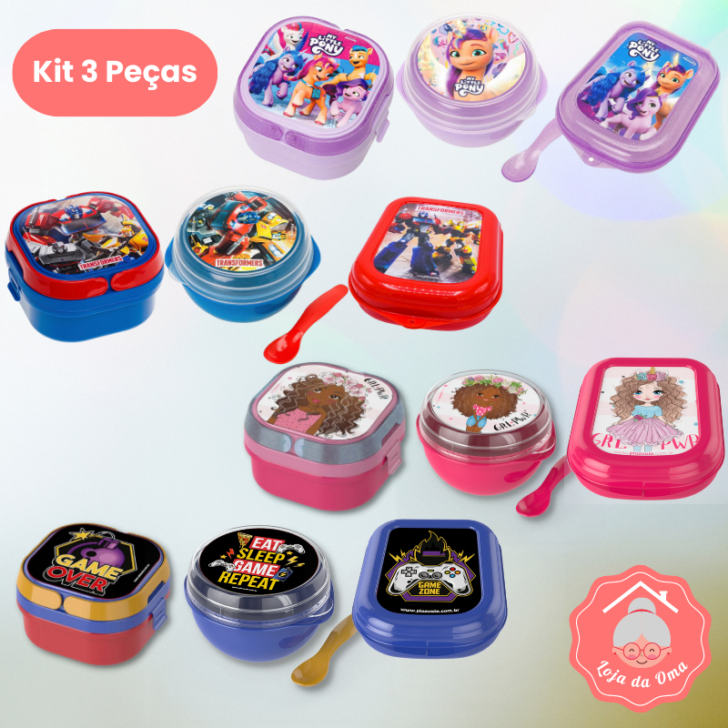 Kit lancheira Infantil - Marmitinha 2 divisórias + Bowl com colher + Porta sanduiche - My Little Pony - Transformers - Gamer - Boneca/ sanduicheira / / marmita/ cambuca / tapoer / vasilha / Pote sopa / Pote gelatina / lanchinho / lancheira / Lunch kit