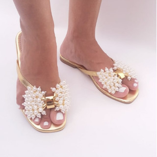 Sandália Rasteirinha Laço Perolas Cores Chinelo Feminino Promoção