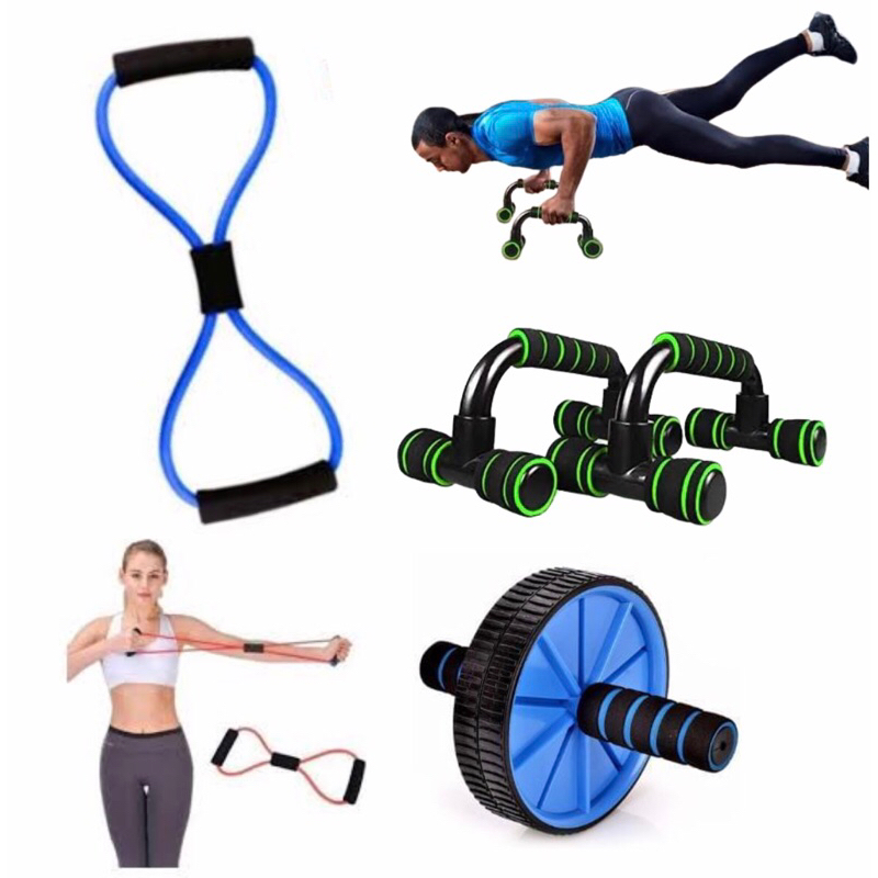 Kit Academia em casa Elástico Extensor Exercício + Barra Apoio Flexão + Roda Abdominal