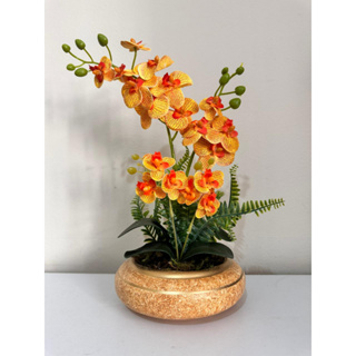 Arranjo Orquideas Silicone, Centro De Mesa, Vaso Dourado em Oferta na Shopee