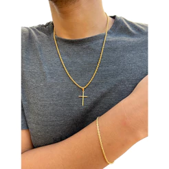 Conjunto Corrente Colar Cordão Baiano Masculino 2mm Fina + Pulseira e Pingente Banhado