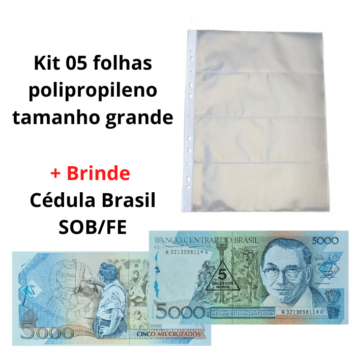 Kit 05 Folhas Grande Cédula POLIPROPILENO 4 Divisões + Céd. Brasil 5 Mil Cruzeiros c/ carimbo 5 Cruzados Novos- 32x24cm - Pasta Fichário