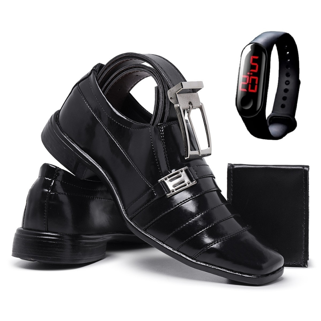 Kit Sapato Masculino Social Verniz Elegante Confortável com Relógio Carteira e Cinto