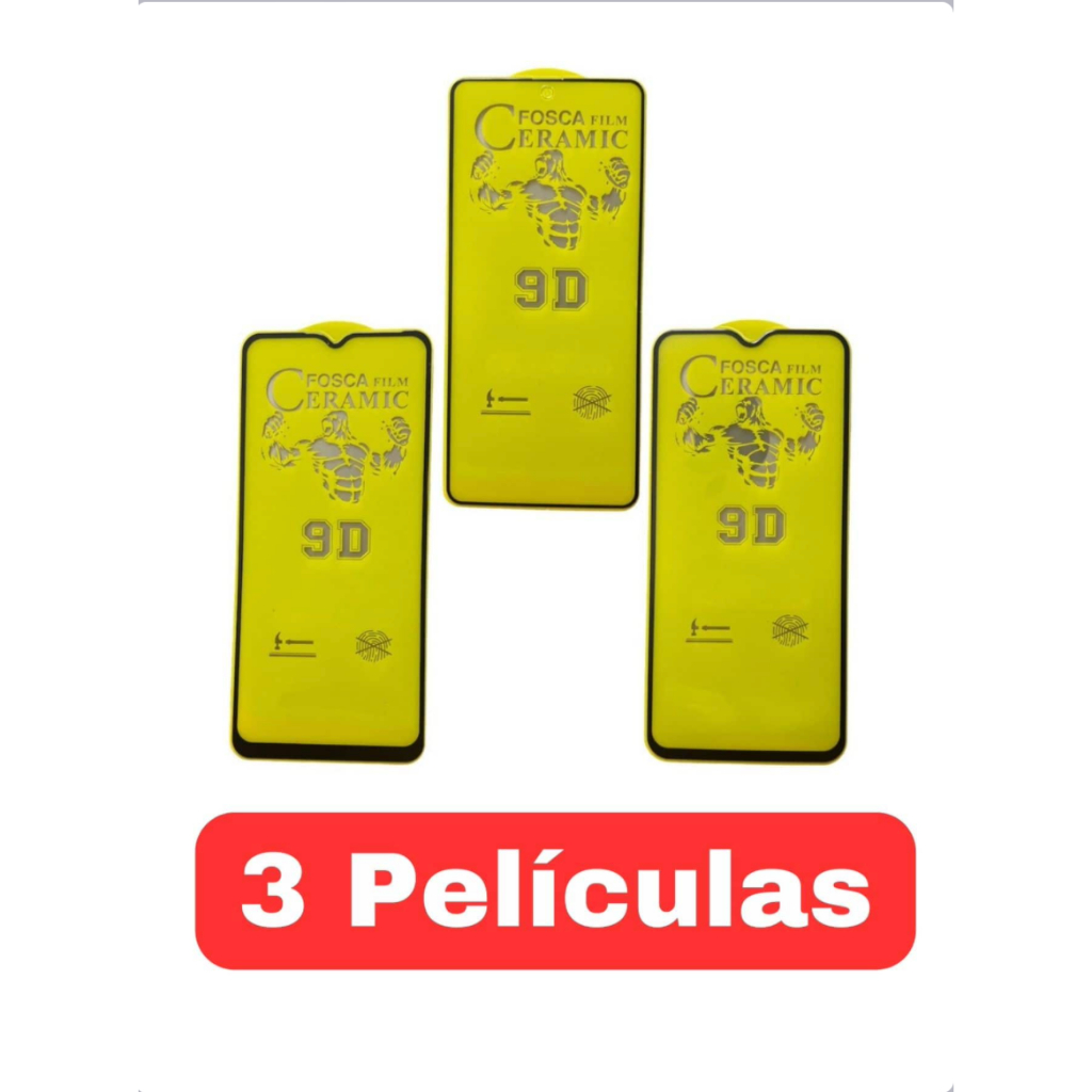 Kit 3 películas Cerâmica Fosca Flexível 3D 9D Samsung A05/A10s/A12/A13/A22/A14/A54/A04/A24/A25/A35/A26/S23 Fe/S25 Fe/A15
