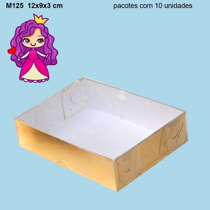 Embalagem M125 com Tampa em PVC e Fundo em papel Ouro, Prata, Rose Gold - 12x09x03cm - Pacote com 10 unidades