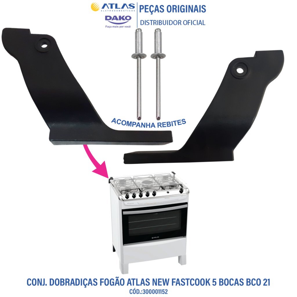 Conj. Dobradiças De Tampa Móvel Fogão Atlas New Fastcook 5 Bocas