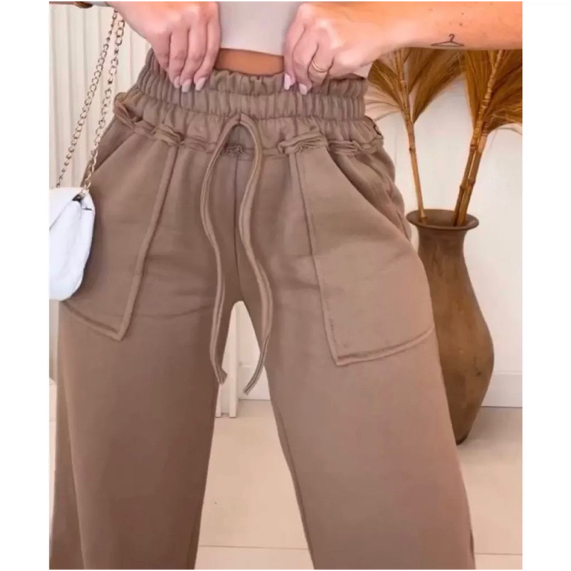 Calça Pantalona Feminina Moletom Wideleg Moda Gringa Cintura Alta Bolso Flanelada Grossa Inverno Frio Roupa Feminina