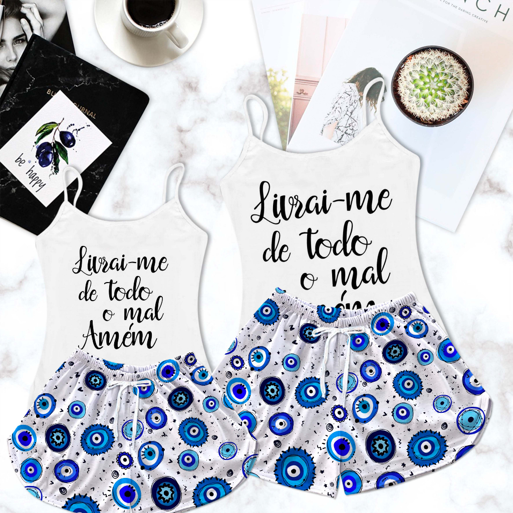 Pijama Feminino Tal Mãe Tal Filha Infantil Estampa Olho Grego Azul