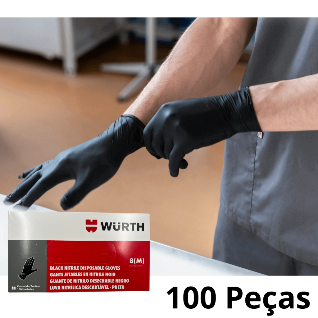 Luva Nitrílica Preta Descartável Wurth 100 Unidades
