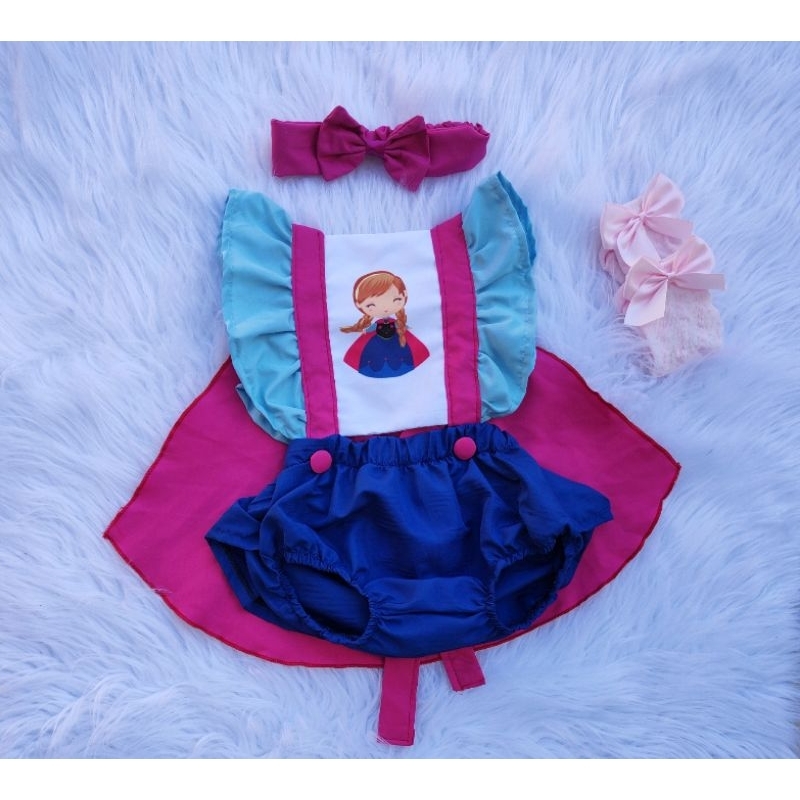 Romper temático Anna Frozen jardineira para mesversario fantasia infantil princesas Disney