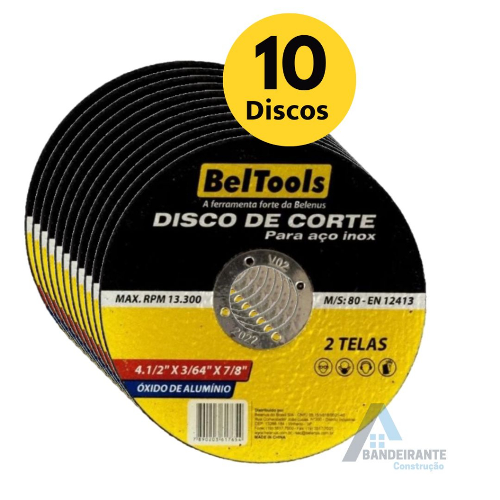 Kit 10 Discos de Corte Fino Inox 4.1/2 x 3/64 x 7/8 Beltools – Para Aço, Ferro e Esmerilhadeira