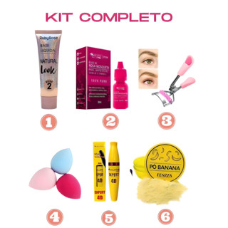 Kit Maquiagem, Inclui 3 Esponjas, 1 Óleo de Rosa Mosqueta Max Love 10ml 100% puro, 1 Pó Banana Translúcido - Fenzza 15g, 1 Base Líquida Natural Look Ruby Rose Bege 2, 1Máscara Para Cílios Rímel Volume Extra Yalann, e 1Enrolador de cílios em aço inoxidável