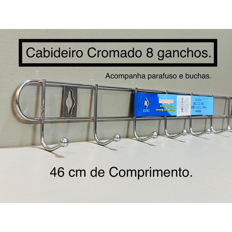 Cabideiro Suporte de parede c/ 8 cromados inox e preto. em Oferta na Shopee