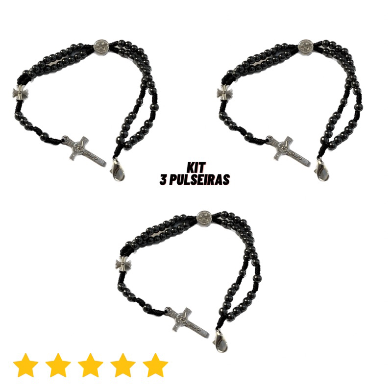 Kit 3 Terço Pulseira São Bento - Hematita e Aço Inox em Oferta na Shopee