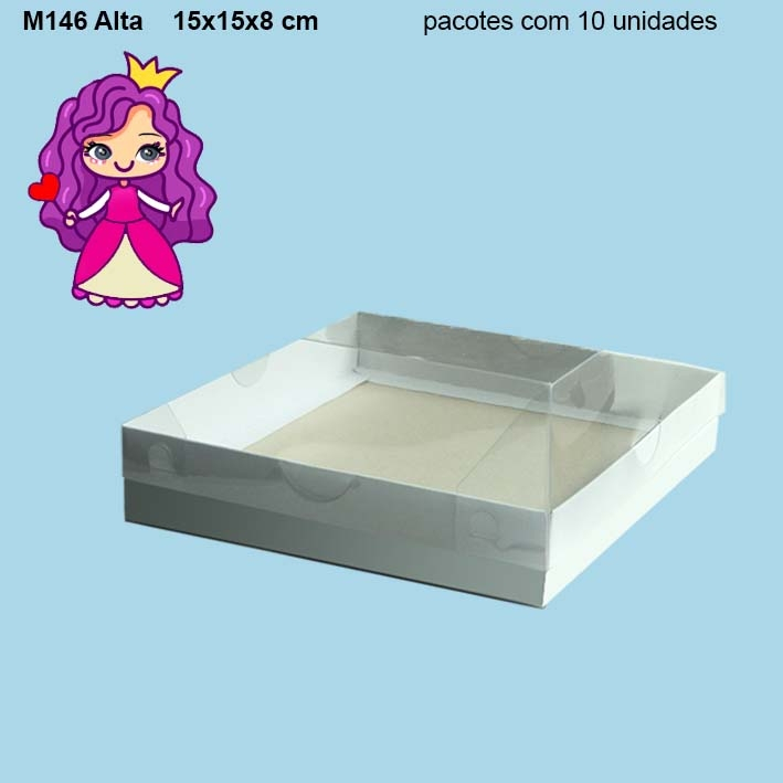 Embalagem M146 Alta com Tampa em PVC Crystal virgem e Fundo em papel Branco - 15x15x08cm - Pacote com 10 unidades