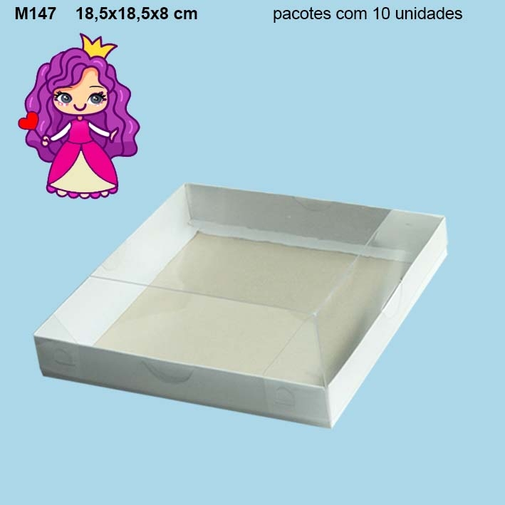 Embalagem M147 com Tampa em PVC Crystal virgem e Fundo em papel Branco - 18,5x18,5x08cm - Pacote com 10 unidades