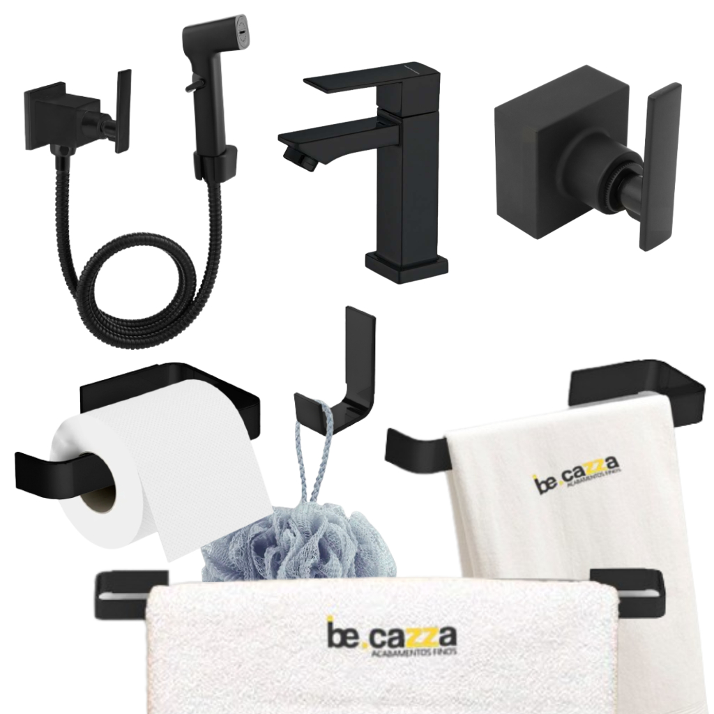 Kit Acessórios de Banheiro Preto Fosco + Acabamento Registro Padrão Deca+Ducha Higiênica C73 Preta+Torneira Preto Fosco Metal Luxo