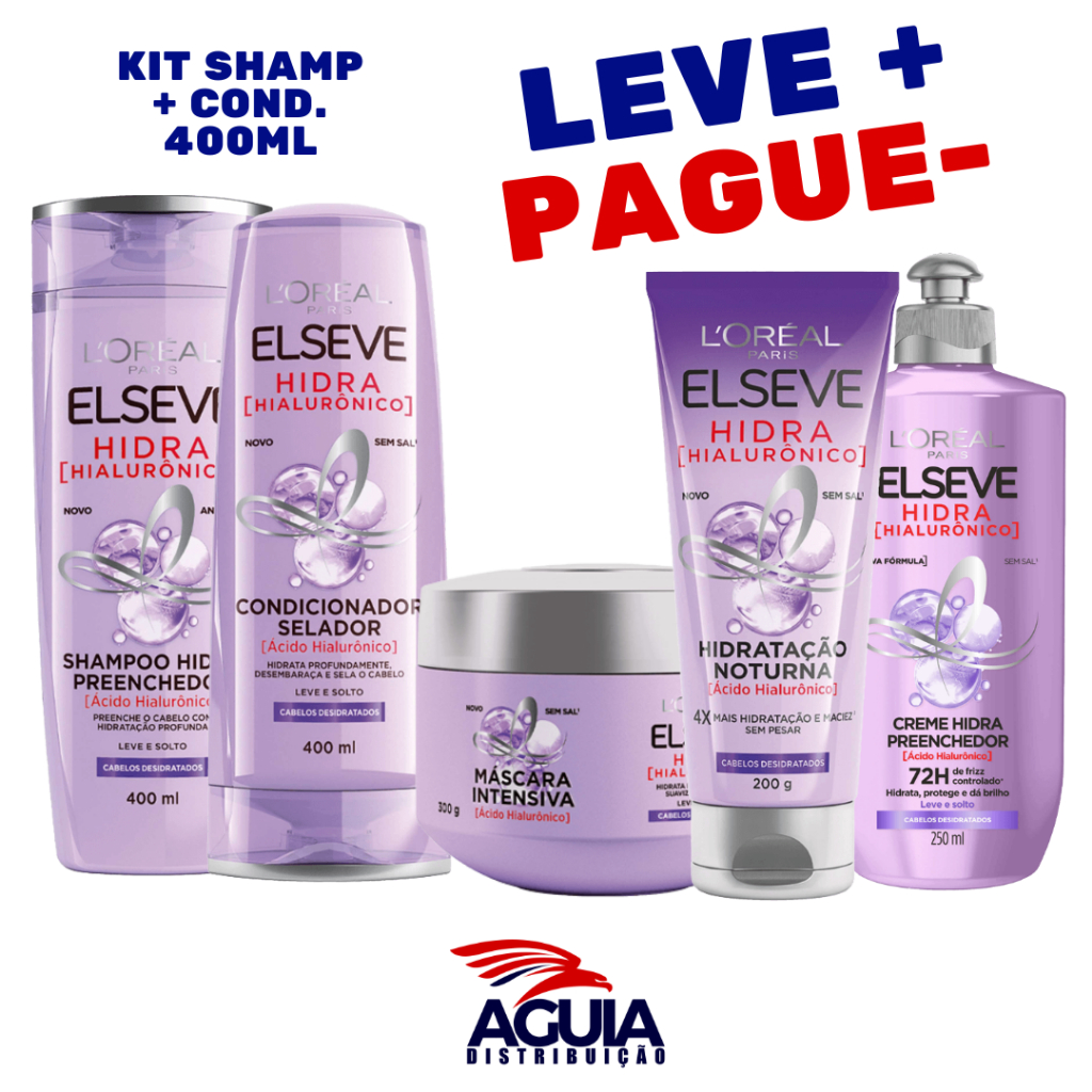 Kit Elseve Hidra Hialurônico Shampoo 400ml + Condicionador 400ml + Creme de pentear + Mascara de Tratamento + Mascara Noturna