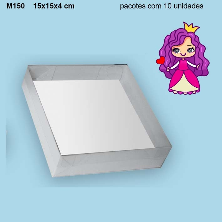 Embalagem M150 com Tampa em PVC Crystal virgem e Fundo em papel Branco - 15x15x04cm - Pacote com 10 unidades