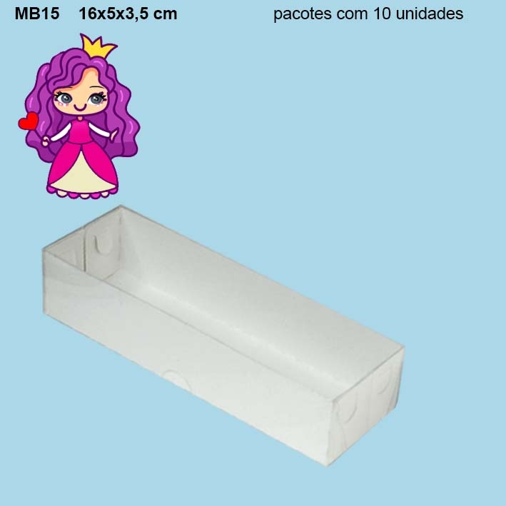 Embalagem MB15 com Tampa em PVC Crystal virgem e Fundo em papel Branco -16x5x3,5cm - Pacote com 10 unidades em Oferta na Shopee