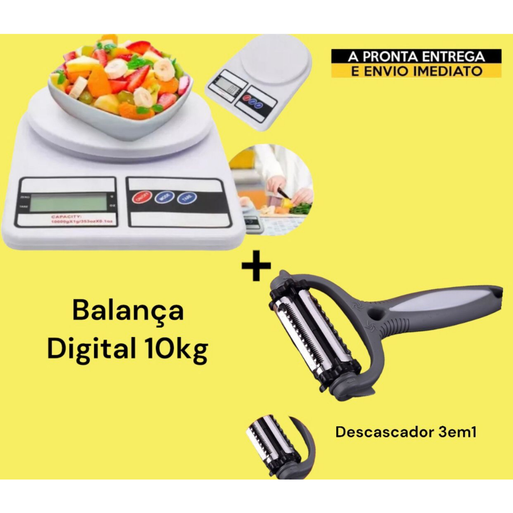 Conjunto Balança Digital de Cozinha 10kg + Descascador E Ralador De Frutas E Legumes 3 Lâminas Inox Premium de Alta Qualidade