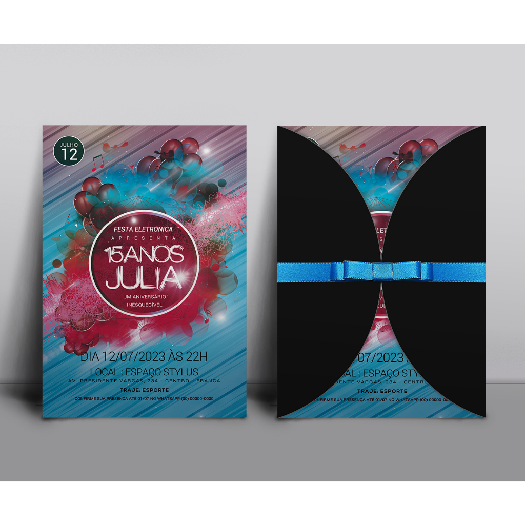 Convite Envelope Preto Meia Lua 15 Anos Personalizado Azul Turquesa e Preto