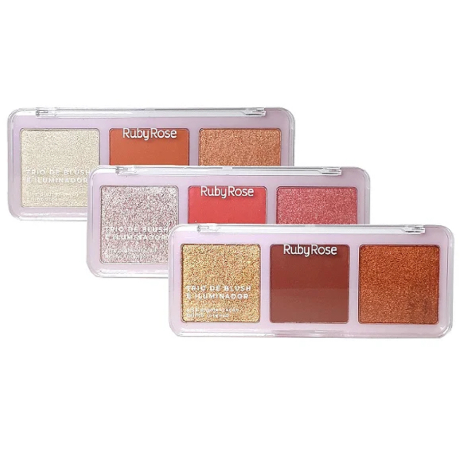 Trio de Blushes e Iluminador Ruby Rose HB-858