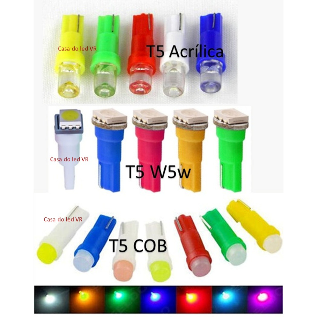 5/10 x Lâmpada LED T5 COB w5w pinguinho painel moto carro esmagadinha camarãozinho em Oferta na Shopee