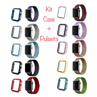 Kit Pulseira SMARTWATCH Metal Milanesa Aço + CASE Capa Capinha Vidro Temperado Proteção Compatível Para iWatch, Iwo 38mm 40mm 41mm 42mm 44mm 45mm e 49mm Relógio Inteligente