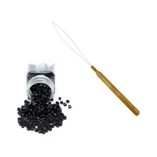 Kit Para Alongamento De Mega Hair 200 Unidades De Microlink Preto Sem Silicone + Agulha Peixinho