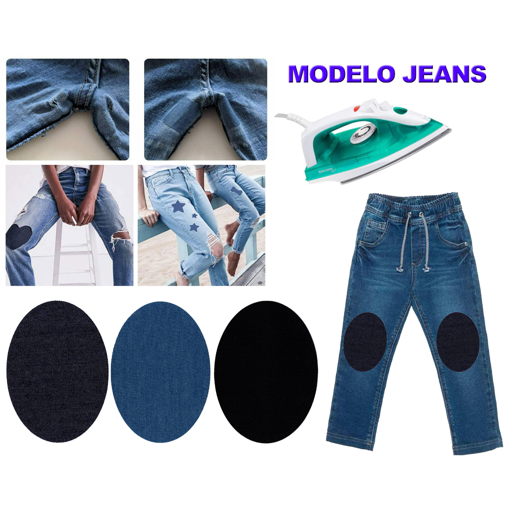 2 Pares Joelheira Jeans Termocolante Reforce Calça Reparo Remendo Divertido Infantil Adulto