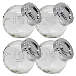 04 Potes Vidro 180ml Porta Temperos 180 ML Baleiro Tampa Plástico Prata Tamanho 8x8x6cm