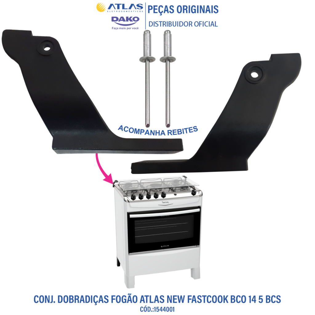 Conj. Dobradiças Tampa Móvel Fogão Atlas Fastcook Bco14   5 BOCAS