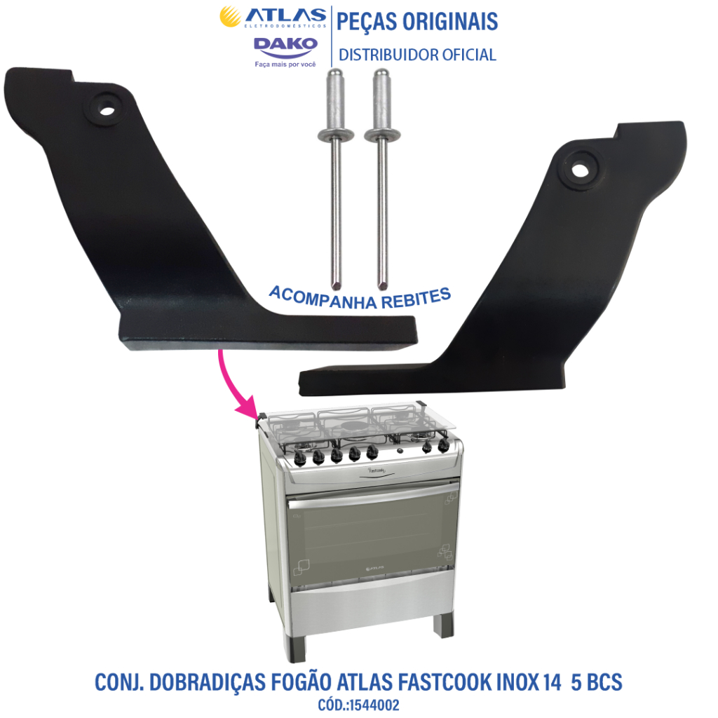 Kit Dobradiças Tampa Móvel Fogão Atlas Fastcook Inox14  5 BOCAS