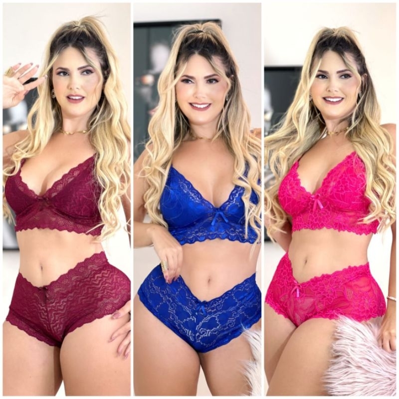 Conjunto Caleçon Espera Marido de renda com forro sem bojo Langerie Baby Dool sexy