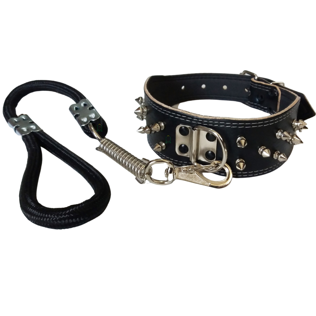 Coleira Couro Legítimo Com Spikes para Cachorro e Guia Corda Reforçada com Mola e Mosquetão em Oferta na Shopee