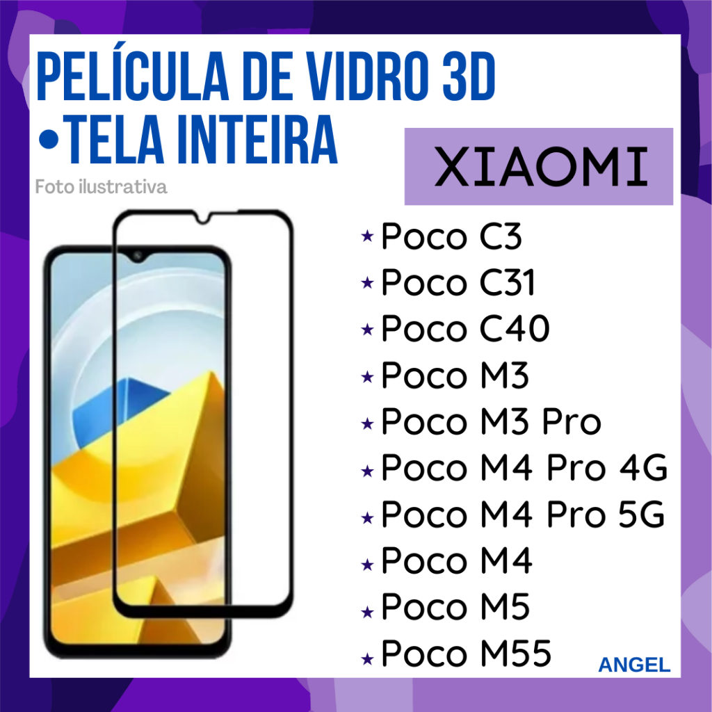 Película de Vidro 3D Para Xiaomi Poco C3/ Poco C31/ Poco C40/ Poco M3/ Poco M3 Pro/ Poco M4 Pro 4G/ Poco M4 Pro 5G/ Poco M4/ Poco M5/ Poco M55/ Protetor de Tela.