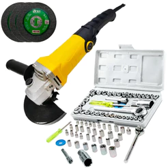 Kit Esmerilhadeira Lixadeira 4.1/2 800W 220v Ou 110v + Soquetes Chave Catraca 40 Peças + 3 Discos