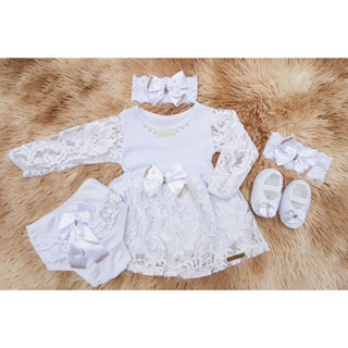 Kit Luxo Com Vestido Manga Longa + Calcinha Bunda Rica + Sapatinho + Faixa de Cabeça - Cores Diversas