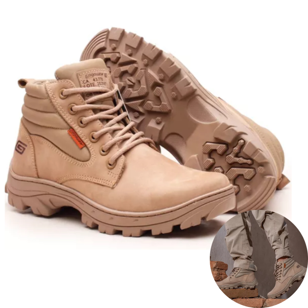 Bota Coturno Segurança Areia Tatico Militar Exercito Airsoft Unissex Adventure para Trilha sem Bico Couro Resistente